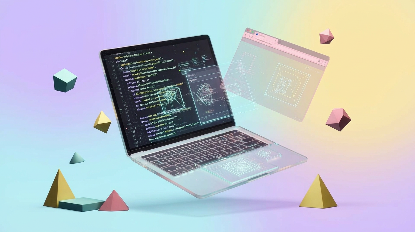 Holographic code and UI wireframes representing web engineering